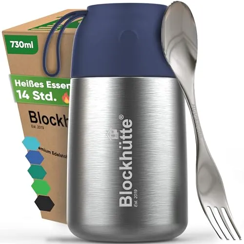 Blockhütte Edelstahl Warmhaltebehälter Essen To Go I 730 ml I Auslaufsichere Thermoskanne für Essen – Thermodosen zum Warmhalten mit Göffel – Wärmebehälter, Thermo Behälter Essen - Blau
