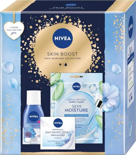 Nivea Skin Boost Set erfrischende Tagescreme 50 ml + biphasischer Augen-Make-up-Entferner 125 ml + feuchtigkeitsspendende Blattmaske