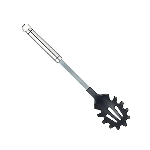 KitchenCraft Professioneller Spaghetti Löffel Edelstahl mit antihaftbeschichteten Nylonkopf, 35 cm, Silber/Schwarz