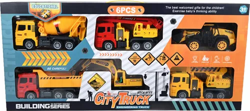 Baustellenfahrzeuge Set 6-tlg mit Kran Bagger Betonmischer LKW Spielzeug Autos