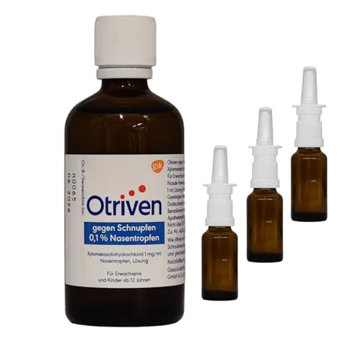 OTRIVEN gegen Schnupfen 100 ml mit 3 leeren Nasenspray Flaschen zum Abfüllen I schnelle und langanhaltende Wirkung mit Xylometazolin I Sparangebot mit Pharma Perle give-away