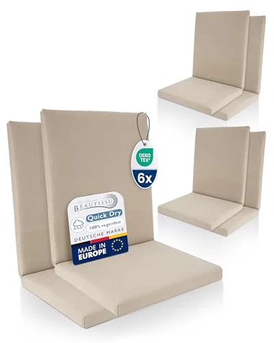 Beautissu 6er Set Premium Niedriglehner Auflage 100% Wasserdicht 100x50cm – UV-beständig Bequem Pflegeleicht Waschbar Sitzkissen Gartenstuhl – Polsterauflage Gartenmöbel Stuhlauflage Beige