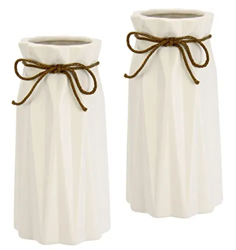 Vase mit Riffelungen und Schleife aus Keramik Dekovase Einzelblumen Trockenblumen Zylindervase weiß matt geriffelt Blumenvase Modern Vasen für Tischdeko Tischvase Dekoration Trockenblume Pampasgras