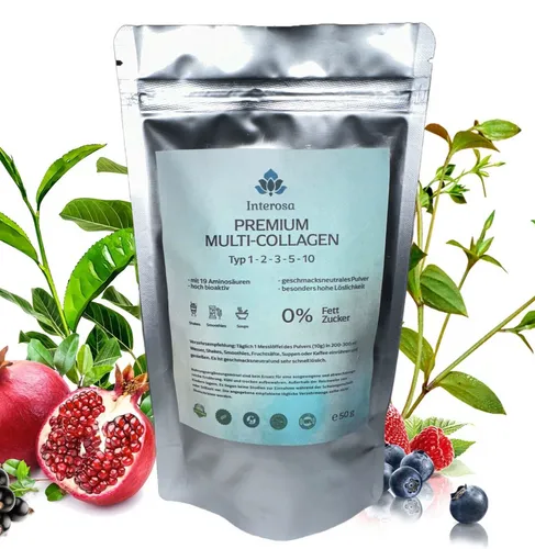 INTEROSA Collagen Pulver 500 g - Multi Kollagen Complex - Kollagen-Präparate mit 5 Typen für Anti-Aging und Muskelaufbau. Geschmacksneutral, super löslich und ohne Zusätze - ideal für Shakes und Kaffee!