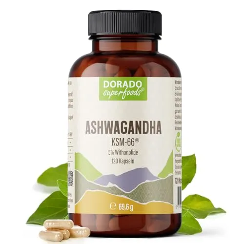 Ashwagandha KSM-66 Kapseln – 300 mg Extrakt (10:1 entspricht 3.000 mg) – 5% Withanolide – hochdosiert – 120 vegane Kapseln (4 Monate) – ohne Zusatzstoffe – Dorado Superfoods®