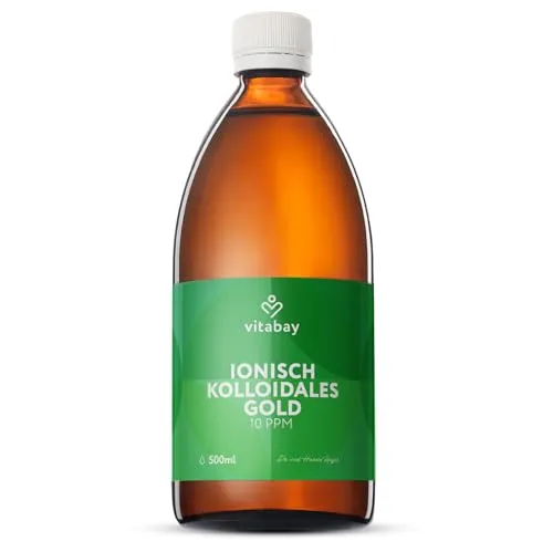 Produktbild Vitabay Kolloidales Gold 10 PPM • 500 ml • Hochdosiert • Reinheitsstufe 99,99% • Ohne weitere Zusätze • Abgefüllt in einer Braunglasflasche • Made in Germany