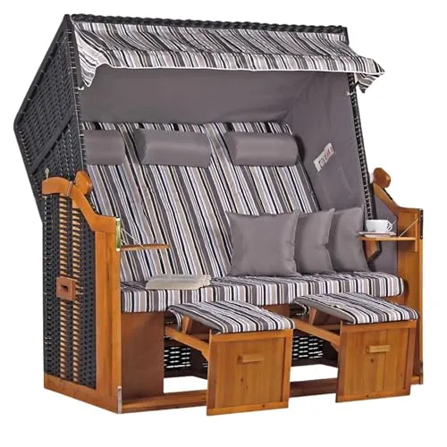 MR. DEKO® Strandkorb Ostsee XXL | Volllieger Strandstuhl Liegestuhl | Dreisitzer PE Geflecht Schwarz inkl. 6 Kissen | Strandkörbe aus Hartholz, Garten, Wintergarten und Terrasse (Dessin Oliv Grau)