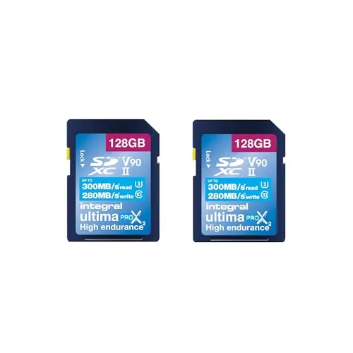 Integral 128GB 2-Pack UHS-II SD-Karte V90 Bis zu 300 MB/s Lesegeschwindigkeit und 280 MB/s Schreibgeschwindigkeit 1866X SDHC Professionelle Hochgeschwindigkeits-Speicherkarte