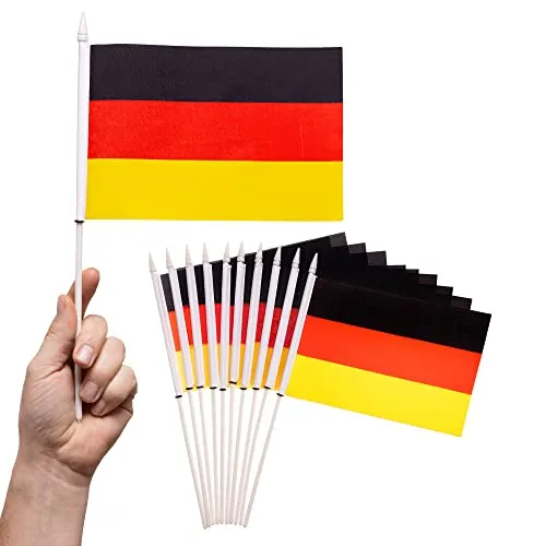 PHENO FLAGS Deutschland Handflagge - 10 pro Set - Fahne 12x20 cm - mit 30cm Flaggenstab & 75 D Polyester Stoff - Die Tischflagge ist ein toller Hingucker für eine Abschieds- oder Mottoparty