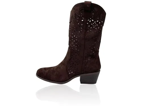 Nowaland Damen Cowboy Stiefel mit Cut-outs und Blockabsatz für Frühjahr/Sommer, seitlicher Reißverschluss und bequemes Innenfutter – ideal zu Kleid, Rock, Shorts oder Skinny-Jeans
