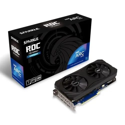 Intel Arc A770 ROC OC Grafikkarte - 16GB GDDR6 - Grafikkarte mit 32 Kernen und Overclocking-Funktion, ideal für Gaming und kreative Anwendungen. Leiser Betrieb dank Sparkle ROC Kühler mit Null U/min bei niedrigen Temperaturen.