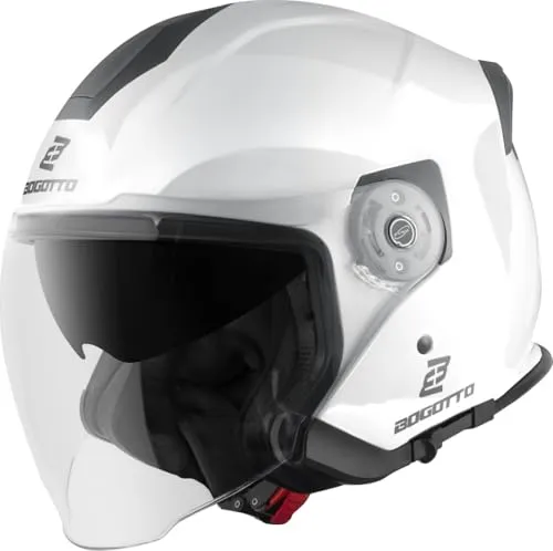 Bogotto Motorradhelm H586 Jethelm - Weiß mit Sonnenvisier - Motorradhelm mit ECE 22.06 Zertifizierung, integriertem kratzfestem Sonnenvisier und praktischem Ratschenverschluss für optimalen Komfort beim Fahren.