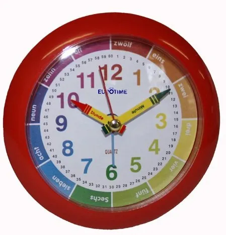 Eurotime 22151-01 Kinderlernquarzwecker mit schleichender Sekunde und Lernzifferblatt, Kunststoffgehäuse in rot und Kunststoffabdeckung, Zeigersatz bunt und Sekunde rot