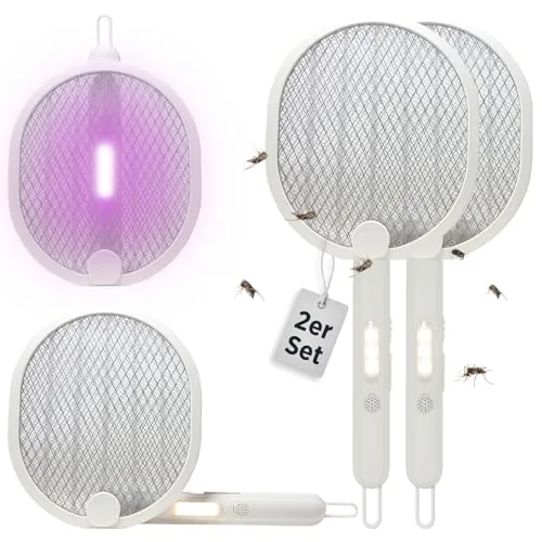 H+H TS 303 Elektrische Fliegenklatsche Weiß 2er Set | 2-in-1 Elektrische Fliegenfalle & Insektenvernichter mit UV-Licht | Insektenfänger & Fliegenklatsche elektrisch | Wiederaufladbar mit USB-C