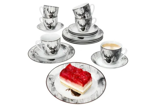 MamboCat Kaffeeservice 18tlg Alois Porzellan für 6 Personen - Kaffeeservice aus hochwertigem Porzellan mit elegantem Hirschmotiv, perfekt für stilvolle Kaffeerunden mit Freunden und Familie.