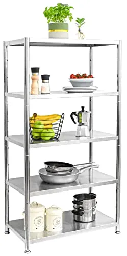 shelfr Edelstahl Regal bis 200kg - 5 Ebenen Schwerlastregal für Küche - Standregal aus 100% rostfreiem Edelstahl, ideal für Küchen und Vorräume. Stabil, pflegeleicht und hygienisch – perfekt für Lebensmittel und Küchengeräte.