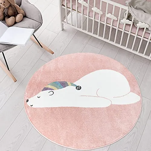 carpet city Teppich Kinderzimmer Tier-Motiv - Rosa - 160 cm Rund - Teppiche fürs Kinderzimmer mit fantasievollem Bär-Motiv, ideal zum Spielen und für gemütliche Momente. Hergestellt aus hochwertigem, schadstoffgeprüften Garn für optimale Sicherheit und Komfort.