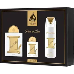 Lattafa Pride Peace & Love Set – EDP und Deo - Entdecken Sie das Lattafa Pride Peace & Love Set mit 100 ml EDP, 20 ml EDP und 200 ml Deo. Ideal als Geschenk für besondere Anlässe, vereint es hochwertige Düfte für ein unvergessliches Dufterlebnis.