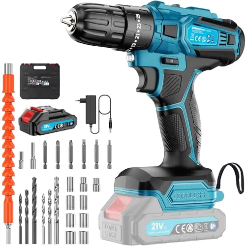 Akkuschrauber, Akku Bohrschrauber 21V mit 2000mAh Akku, max. 30N·m Elektrischer Schlagbohrschrauber, 25+3 Drehmomenteinstellung, 2 Geschwindigkeiten, 10mm Bohrfutter, mit LED-Beleuchtung