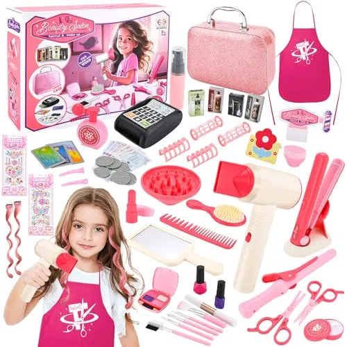 IGUGI Friseur Set Kinder,Friseur-und Schminktaschen-Beauty-Set für Mädchen Schminkkoffer,Schönheitssalon-Sets Modespiel,Rollenspiel Spielzeug,Frisierkoffer für 3, 4, 5 Jahre Alt