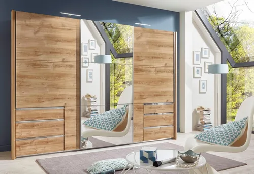 Mid.you Schwebetürenschrank Wimex Level 36A - Kleiderschränke: 3-türiger Schwebetürenschrank in Eiche mit Spiegel, 6 Schubladen und 3 verstellbaren Einlegeböden für optimale Ordnung und elegantes Design.