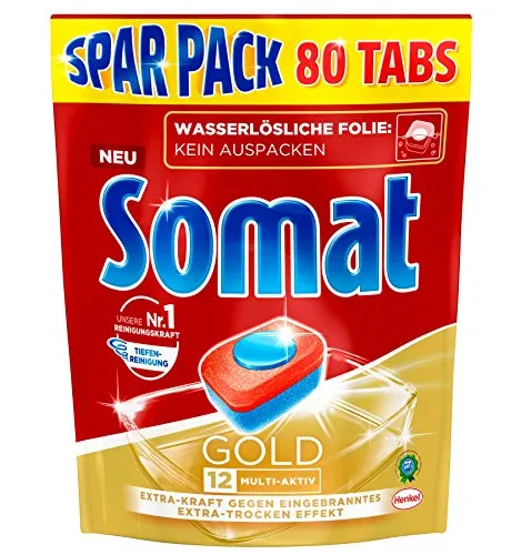 Somat 12 Gold: Sparpack mit 80 Spülmaschinen-Tabs mit höchster Reinigungskraft, 12 Vorteile wie Extra-Wirkung gegen Eingebranntes und Extra-Trocken-Effekt, phosphatfrei