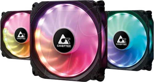 Chieftec CF-3012-RGB PC-Gehäuse-Lüfter Schwarz - Gehäuselüfter mit 3er-RGB Set, patentiertem Multifunktions-Hub und RF Fernbedienung für individuelle Beleuchtung und optimale Kühlung.