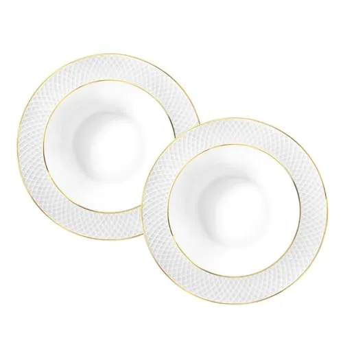 Wilmax - Tiefer Teller mit Goldmuster - 2 Stück - Ø 22,5cm - Weißer Suppenteller aus Porzellan - 450ml Speiseteller - Spülmaschinenfest - Frühstücksteller - Kuchenteller