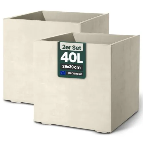 Kreher® 2er Set Pflanzkübel „Millennium“ 39x39x39 cm - Creme Weiß - UV- & Frostfest - Elegante Pflanzkübel für Garten, Terrasse oder Balkon. Der robuste Kunststoff ist wetterbeständig und mit integriertem Wasserspeicher ideal für Pflanzenpflege. Stilvolle Naturstein-Optik in modernem Design.