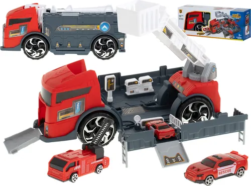 Transporter TIR 2in1 Parkhaus Feuerwehren + 3 Autos rot
