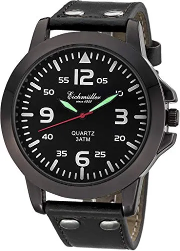 Eichmüller Quarzuhr Herren Armbanduhr RE1008 - Elegante Armbanduhr mit schwarzem Lederband, 45 mm Gehäuse, spritzwassergeschützt und nachleuchtenden Zeigern – ideal für stilbewusste Herren.