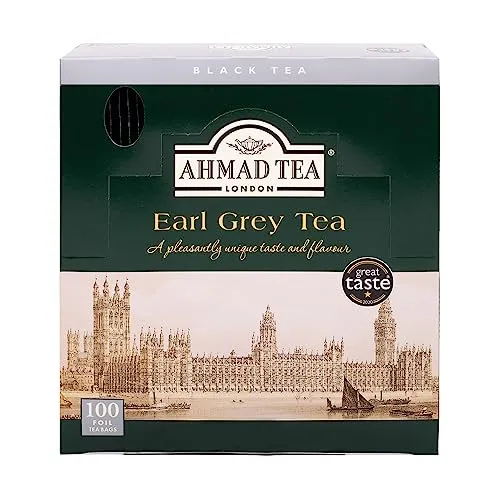 Ahmad Tea - Earl Grey - Schwarztee aus Größeren Teeblättern mit Bergamotte - Einzeln Verpackte, Aromaversiegelte Teebeutel mit 2g Tee pro Portion - 100 Teebeutel mit Band