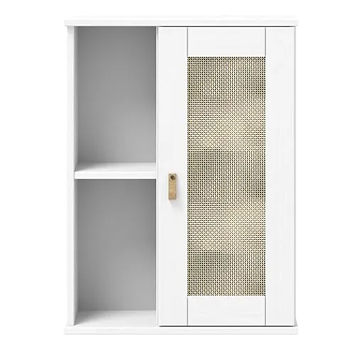 Woodroom Hängeschrank Valencia aus massiver Kiefer - Hängeschrank aus nachhaltiger Kiefer, elegante weiße Lackierung und Rattan-Front, ideal für stilvolle Stauraumlösungen in Wohnzimmer, Schlafzimmer oder Flur.