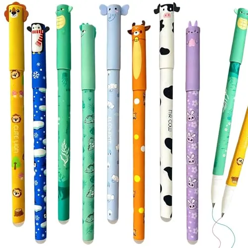 Touosy 8 Stück 0,7 MM Spitze Gelstifte Radierbar Set Radierbare Stifte Radierbarer Tintenroller Schreibwaren School Supplies mit Tier Motiven Geeignet für Tagebuch Notizen Schulen Büros