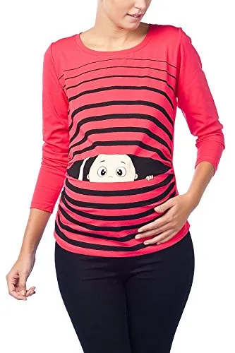 Witzige süße Umstandsmode T-Shirt - Langarm für Schwangere (Koralle, Medium) - Modisches T-Shirt mit seitlichen Raffungen für den wachsenden Bauch, ideal als Geschenk zur Schwangerschaft und trendy in der Maternity-Kategorie.