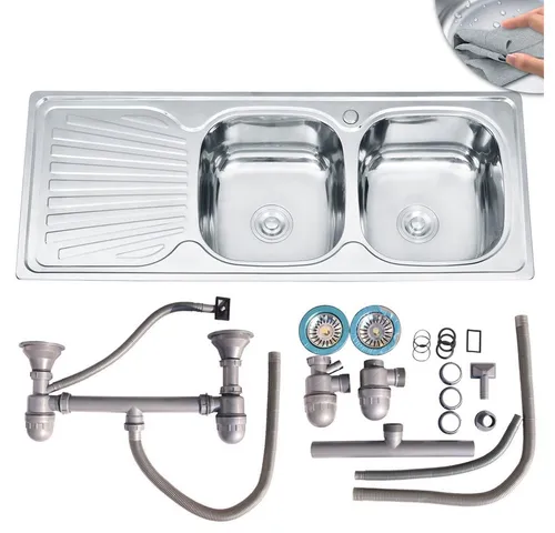 Mucola Einbauspüle Edelstahlspüle 120CM - Sanitäranlagen & Zubehör – Hochwertige Doppelspüle aus Edelstahl mit hitzebeständiger Anti-Kondensbeschichtung und praktischer Ablage für eine optimale Küchenorganisation.