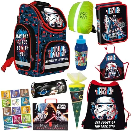 Goldkids - Schulranzen für Jungen ab 1 Klasse - Schul-Rucksack Kinder mit Star Wars -Motiv - Federmäppchen Schuhbeutel - Schürze Zuckertüte - Aktentasche mit Griff - Trinkflasche 1-3 Klasse
