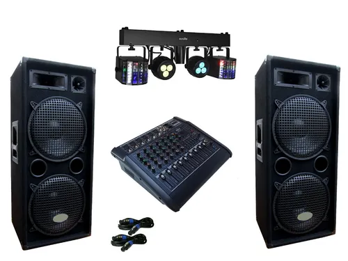 FX8001VDX2222SET PA-Anlage mit USB und LED-Licht - Leistungsstarke 9-Kanal PA-Anlage mit 3000 Watt max. RMS, ideal für DJs. Inklusive Bluetooth, Kabel und Licht-Equipment für unvergessliche Events.
