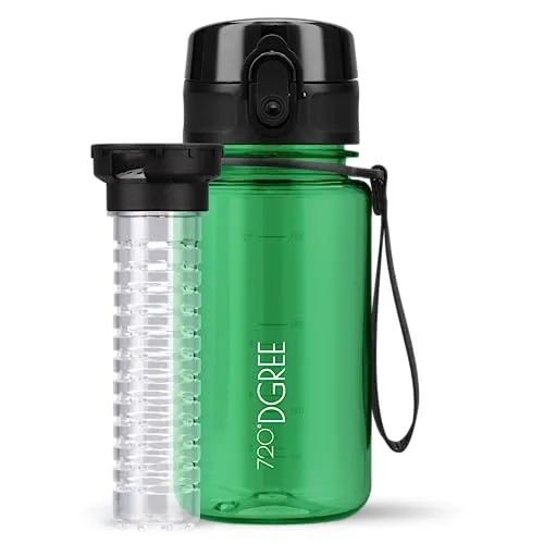 720°DGREE Kinder Trinkflasche 350ml “uberBottle“ crystalClear +Früchtebehälter - Auslaufsicher, BPA-Frei - Für Kindergarten, Schule, Mädchen & Jungs ab 3 Jahre - Kleine Wasserflasche - Stoßfest