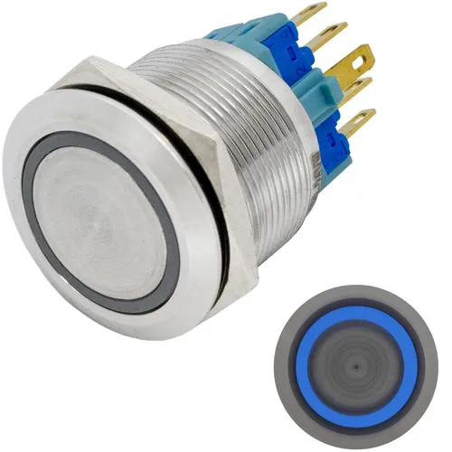 Edelstahl Druckschalter Flach Ø22mm Ring LED Blau IP65 2,8x0,5mm Pins 250V 3A Va