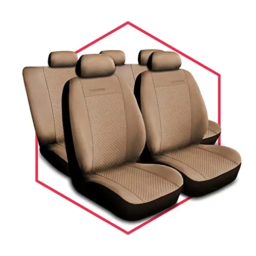 Saferide 3er Set Autositzbezüge PKW universal | Auto Sitzbezüge Velourslederimitat Beige für Airbag geeignet | für Vordersitze und Rückbank | 1+1 Autositze vorne und 1 Sitzbank hinten teilbar