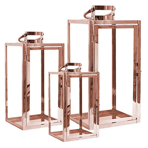 FineHome Schönes XXL 3er Set Gartenlaternen Set aus Edelstahl Windlicht Laterne Glas 30/40 / 53 cm Kupfer-farbig