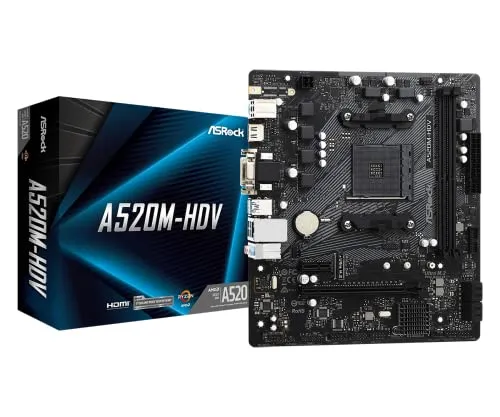 ASRock A520M-HDV Mainboard für AMD Ryzen - Mainboard für AMD AM4 Sockel, ideal für Ryzen 3000/5000 Prozessoren, unterstützt DDR4 4733+ (OC) und bietet umfassende Anschlussmöglichkeiten für Gaming und Multimedia.