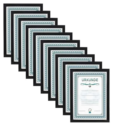 IDEAL TREND 10er Pack A4 Bilderrahmen Schwarz - Hochwertige Bilderrahmen im 10er Pack für Urkunden DIN A4 (21x29,7 cm) – ideal für Zertifikate und Dokumente. Flexibel im Hoch- und Querformat nutzbar, mit stabiler Wandmontage und elegantem Design für jedes Büro.