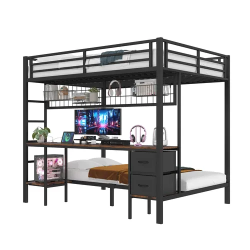 Etagenbett mit Schreibtisch und LED-Beleuchtung (90x200cm/140x200cm), Metallbett mit Rausfallschutz, Jugendbett