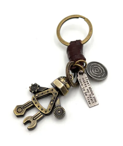 Schraubenroboter Maschinenmensch Männchen bronze Leder Schlüsselanhänger
