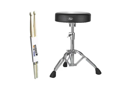 Pearl Schlagzeughocker D-930 mit Schlagzeugstöcken - Schlagzeughocker mit verstellbarer Höhe von 47-66 cm, Memory Klammer für präzise Einstellung und komfortabler, gepolsterter Sitzfläche – ideal für Schlagzeuger!
