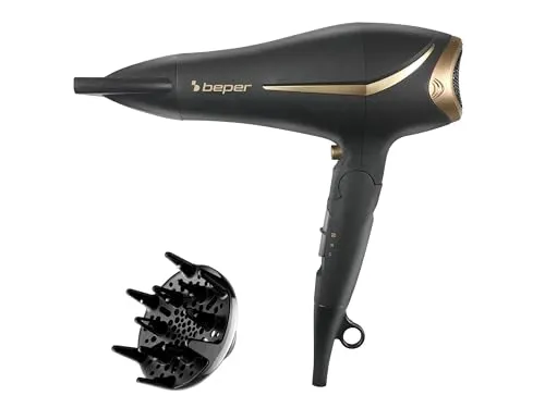 BEPER 40.404 Haartrockner, klappbarer und rutschfester Griff, 2 Temperaturen, Kalttaste, Farbe Schwarz/Gold, Leistung 2200 W