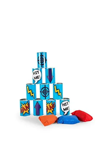 BS Toys Dosenwerfen Kinder - Spielzeug für Draußen - Outdoor Spielzeug ab 3 jahre - Wurfspiel für Kinder - Kinderspiele mit 10 Blau Blechdosen und 3 Wurfsäcke - Einheitsgröße