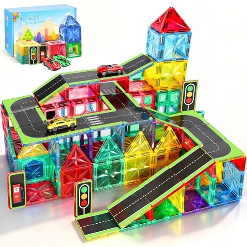 Perbabe Magnetische Bausteine, 72 Teile Magnete Kinder Stärker Magnetbausteine, Magnetische Fliesen Stadtstraßen-Set mit 2 Autos Magnetspiel ab 3 4 5 6 7 8 Jahre Vorschule Lernen